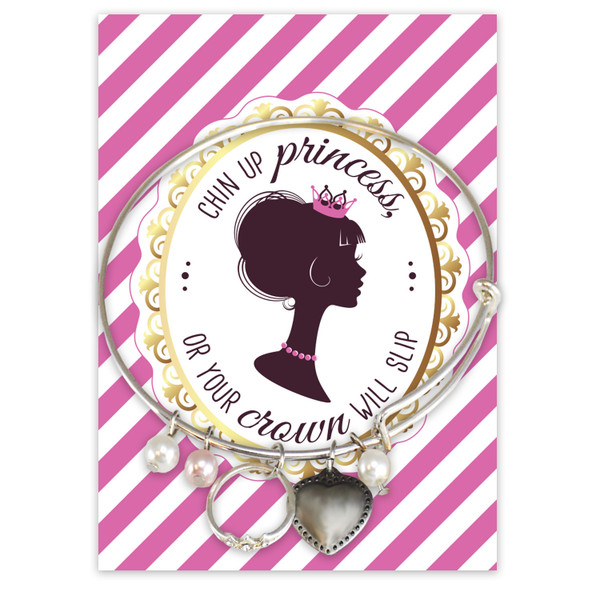 Chin Up Bangle Bracelet heart crown pink and white pearl charms silver finish tiara princess