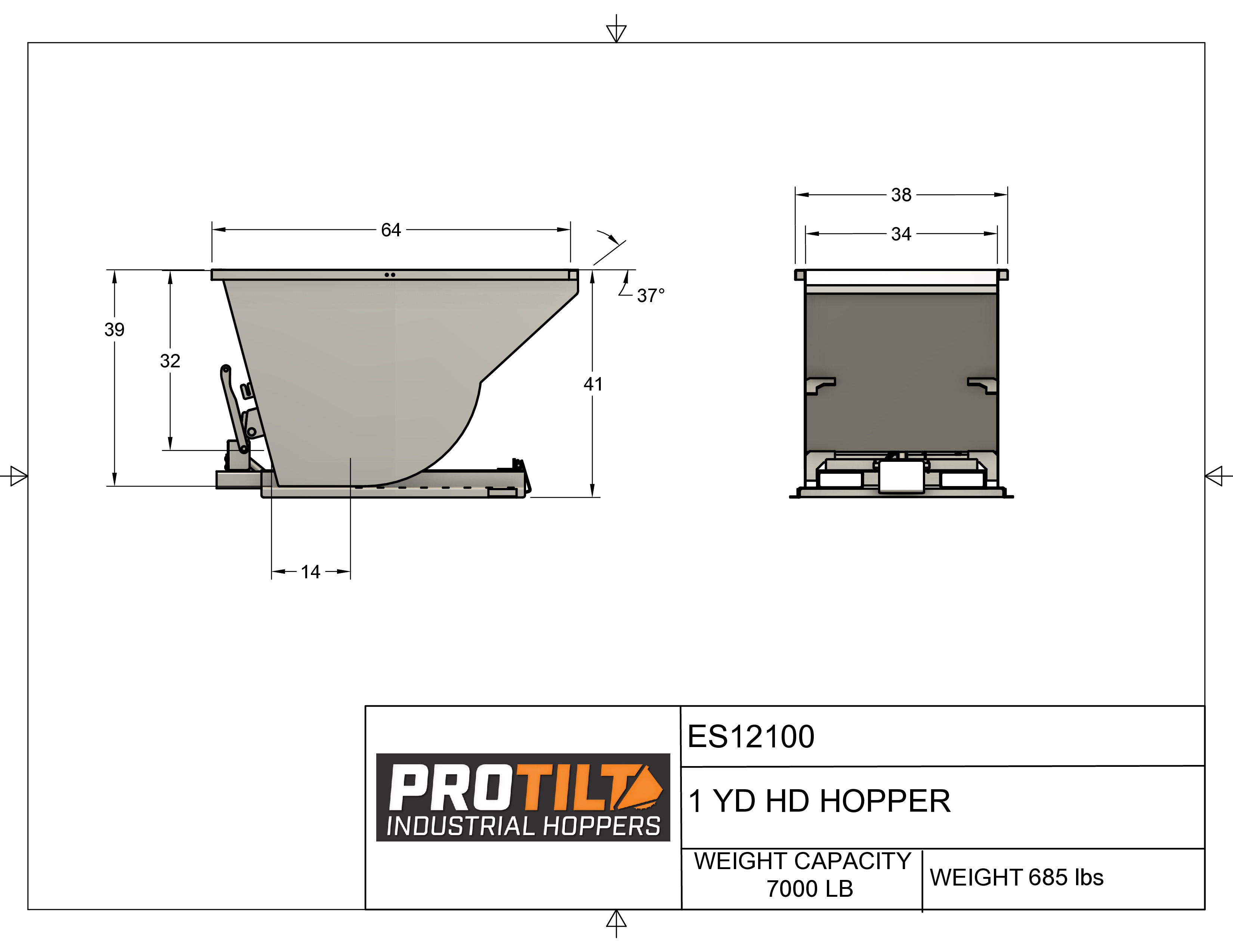 1 Yard Heavy Duty Self-Dumping Hopper - Black drawing
