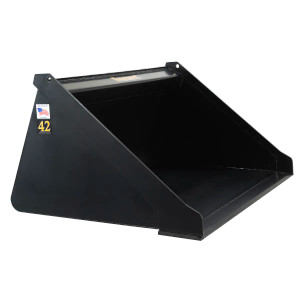 A Tomahawk Attachments 42 inch dingo smooth bucket, an attachment made for a compact utility loader A Tomahawk Attachments 42 inch dingo smooth bucket, an attachment made for a compact utility loader