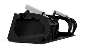 The Express Steel 84" Solid Bottom Two-Cylinder Grapple Bucket attachment for a skid steer.
