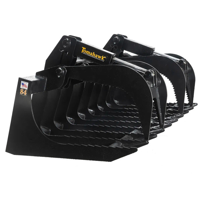84-inch severe duty two-cylinder brush grapple attachment by Tomahawk Attachments for skid steers