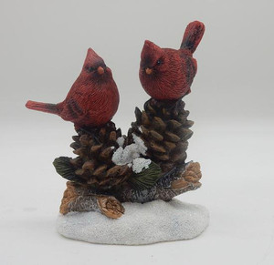 Pair of Red Cardinals on Log w/ Pinecones