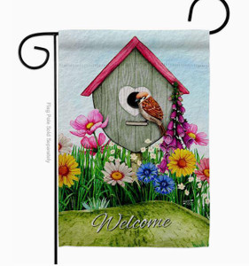 Spring Birdhouse w/ Bird Garden Flag - Two Group Flag Co. Spring Birdhouse w/ Bird Garden Flag - Two Group Flag Co.