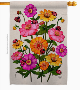 Ladybug Bouquet Floral Zinnias House Flag - Two Group Flag Co.