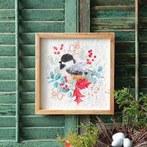 Holiday Chickadee Paper Mache Framed Artwork