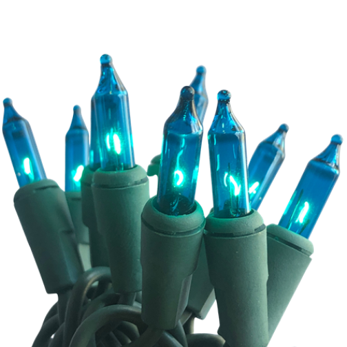 100 Mini Incandescent Teal Lights on Green Cord