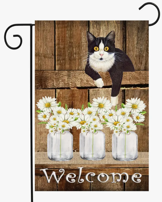 Welcome Cat On Fence With Jars, Garden Flag - Flags Galore