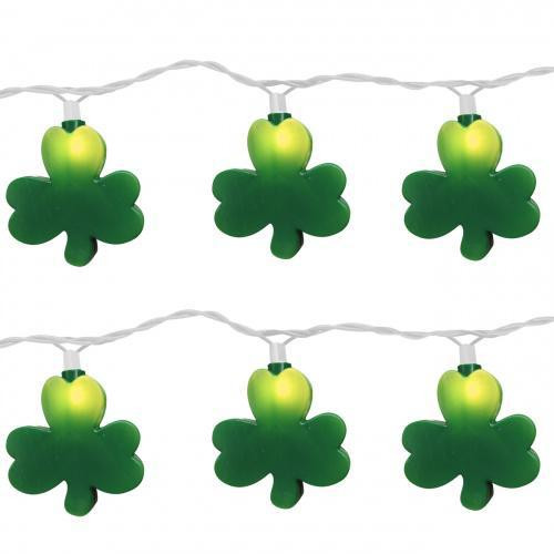 10 Green Clover (Shamrock) Incandescent Lights on White Cord - Brite Star