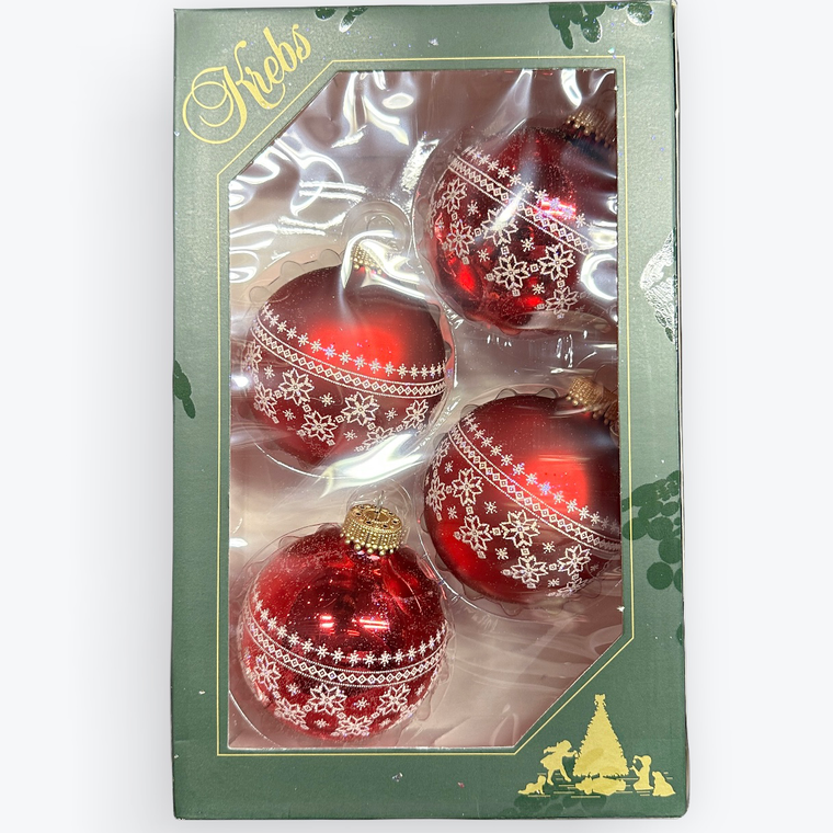 Round Red w/ White Snowflakes Glass Ornament Set