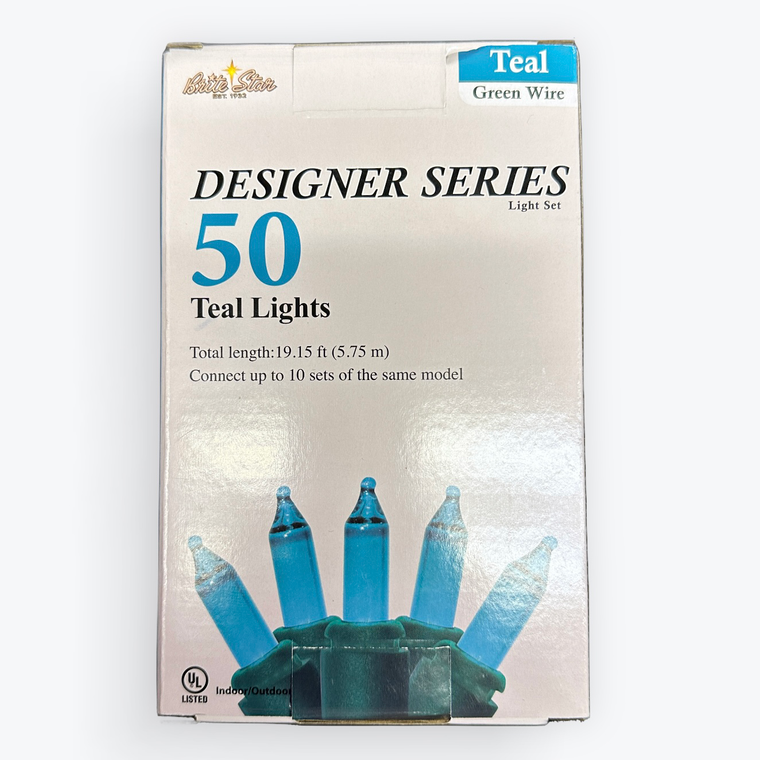 50 Mini Incandescent Teal Lights on Green Cord - Brite Star