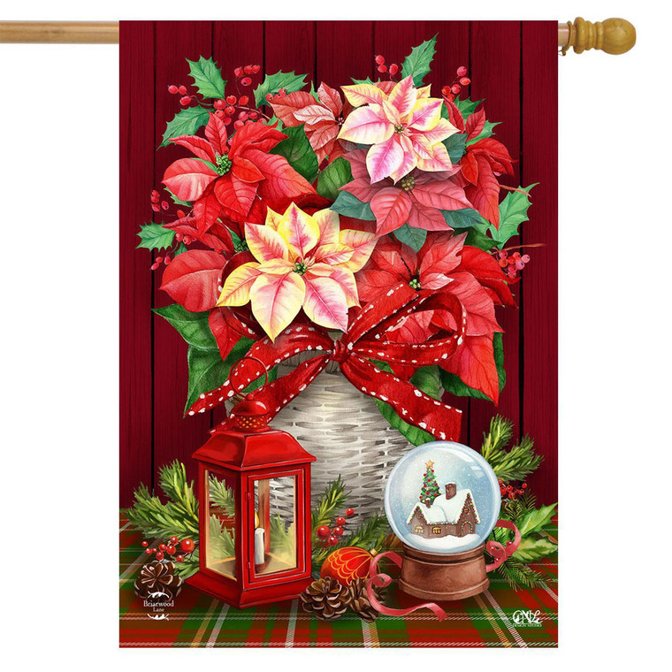 Christmas Poinsettia  & Lantern House Flag - Briarwood