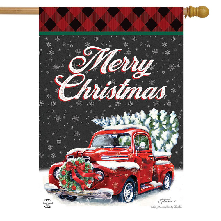 Merry Christmas Pickup Buffalo Check House Flag - Briarwood