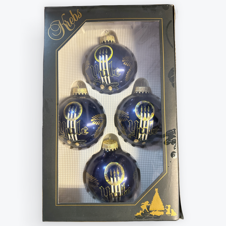 Round Blue "Yule" Candles w/ Pine Ornament Set Krebs