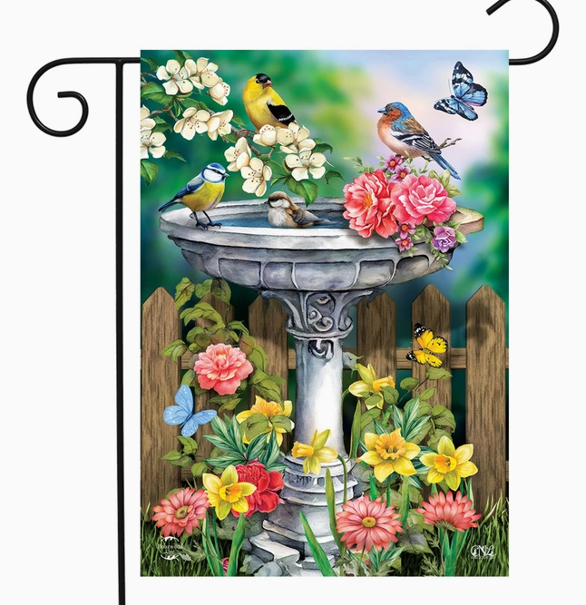 Birdbath in Bloom Spring Garden Flag - Briarwood