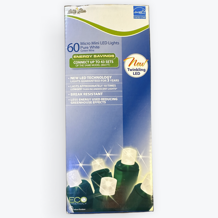 60 Micro LED Pure White Twinkling Lights on Green Cord