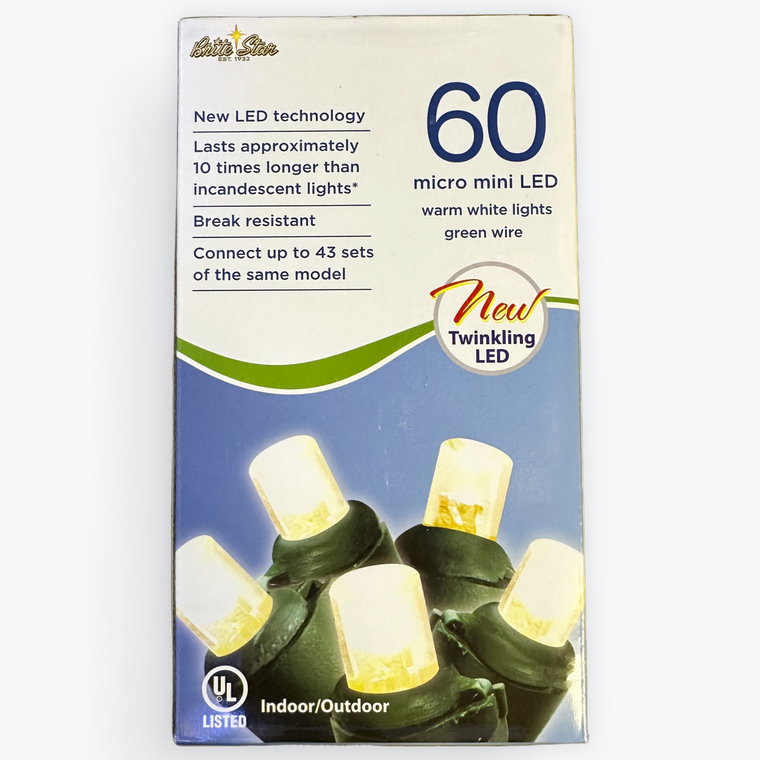 60 Micro LED Warm White Twinkling Lights on Green Cord