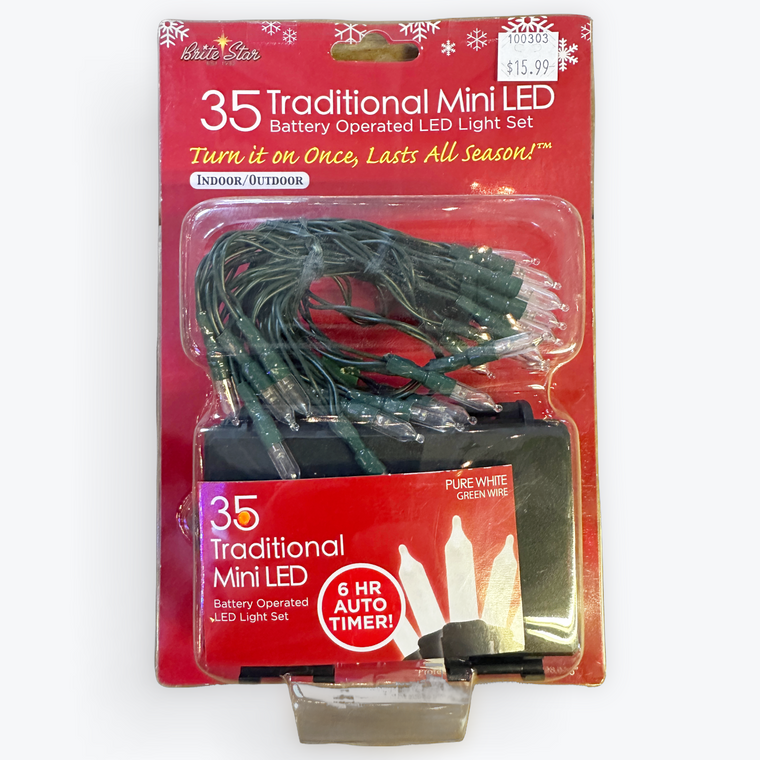 35 Mini LED Pure White Lights on Green Cord Brite Star