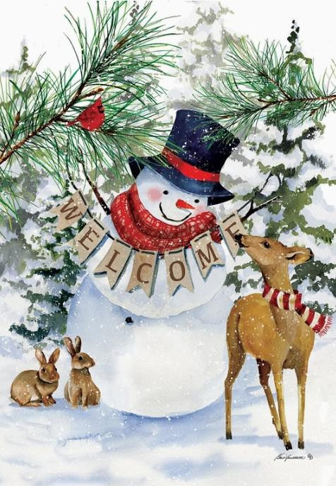 Snowman & Deer Winter Garden Flag - Custom Decor