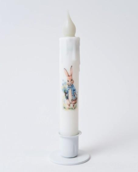 Bunny Holding Blue Flowers Battery Taper Candle with Timer