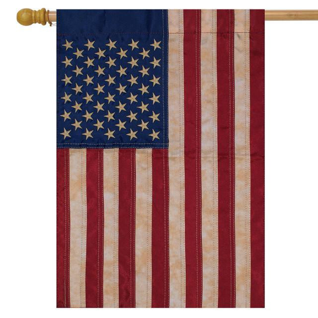 Tea Stained Embroidered American Flag House Flag - Briarwood