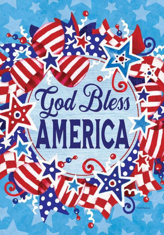 God Bless America Wteath Patriotic House Flag - Custom Decor