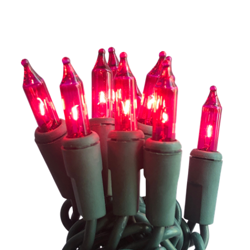 35 Mini Incandescent Pink Lights on Green Cord - Holiday Light Source