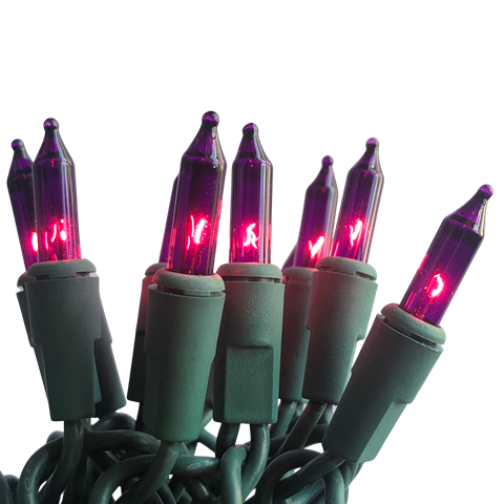 35 Mini Incandescent Purple Lights on Green Cord - Holiday Light Source