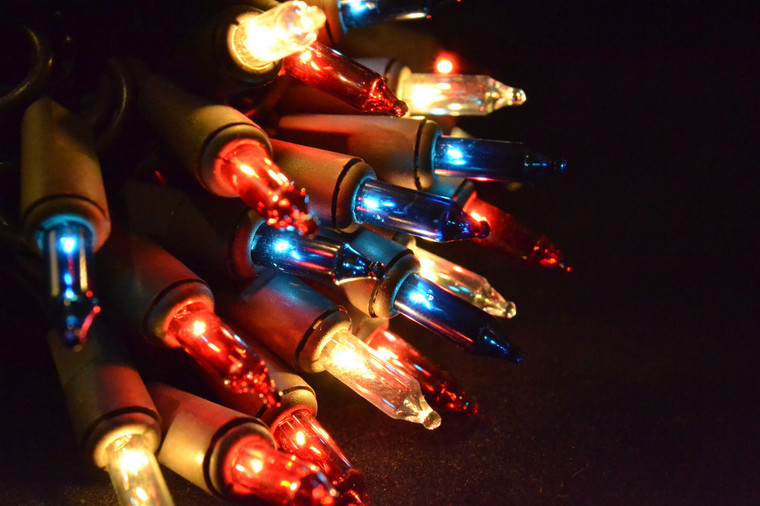 35 Mini Incandescent Patriotic (C/R/B) Lights on Brown Cord - CWI