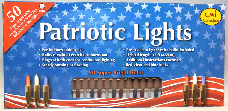 50 Mini Incandescent Patriotic (C/R/B) Lights on Brown Cord - CWI
