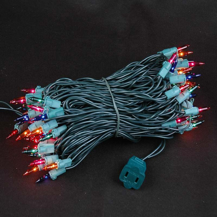 100 Mini Incandescent Multi Lights on Green Cord - 6 inch Spacing #20 Gauge Commercial Heavy Duty, Pre-lit Tree Lights