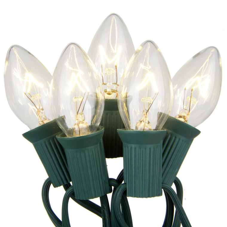 25 Incandescent C7 Transparent Clear Lights on Green Cord - Ritz