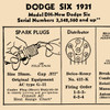 1931 Dodge Six Tune-up Chart, DH New Dodge Six