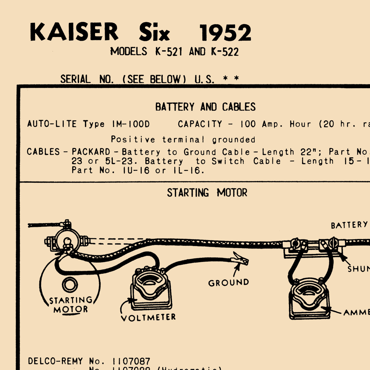1952 Kaiser Six Specification Chart, K521, K522