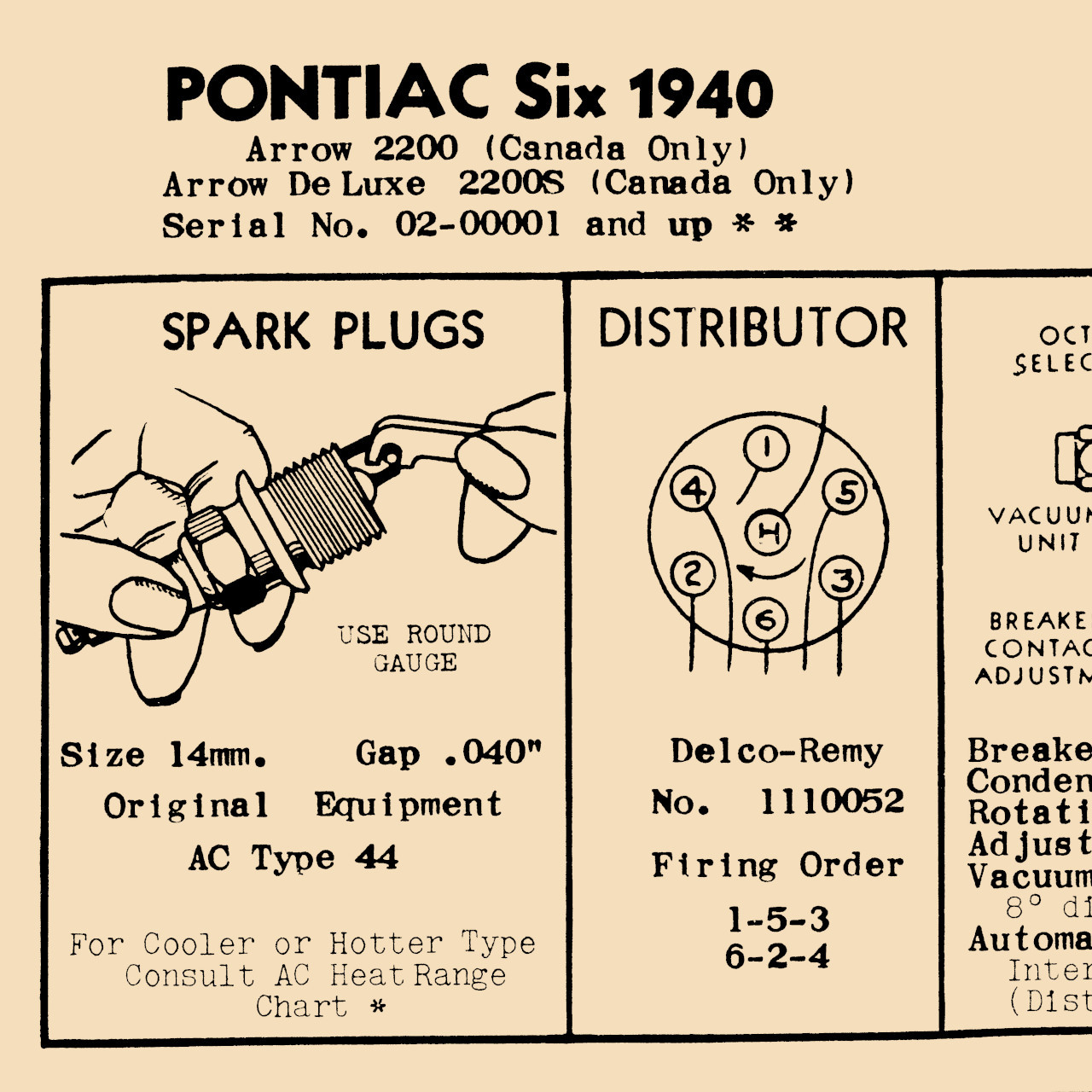 1940 Pontiac Six Specification Chart, Arrow 2200, Arrow Deluxe