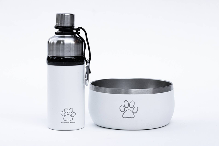 M.K. Distributors, Inc. Pet Water Bottle & Dog Bowl Set Powder Coat White Bowl & Bottle