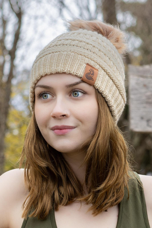 Aria the Fox LLC Biscotti Ribbed Knit Hat with Pom