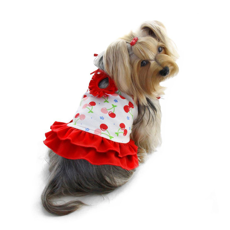 Klippo Pet Inc Soft Knit Cotton Cherries Dress w/Shoulder Ties L Red/White