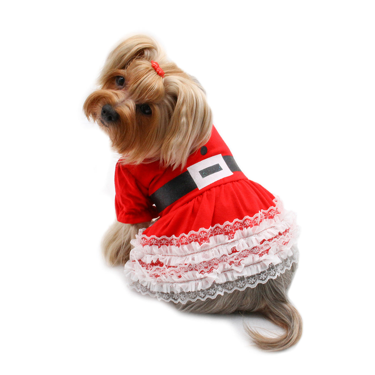 Klippo Pet Inc Lace Ruffles Puffy Sleeves Christmas Dress S Red