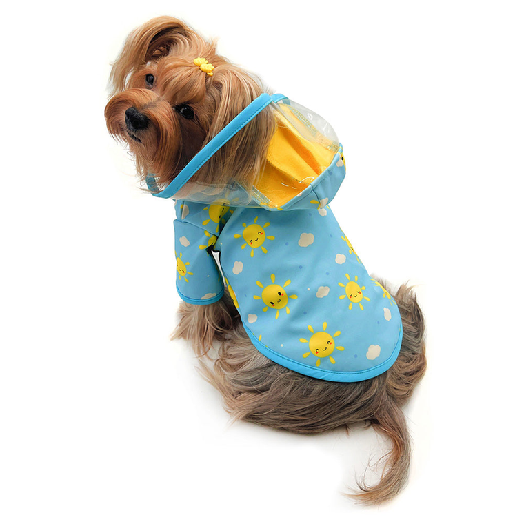 Klippo Pet Inc Clear View Happy Sunshine Raincoat with Fleece Lining and Detachable Hood L Blue