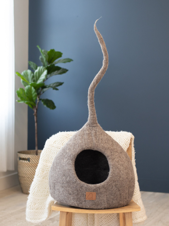 Fuzzy Cove LLC Deluxe Handcrafted Felt Cat Cave With Tail Large Earth Brown