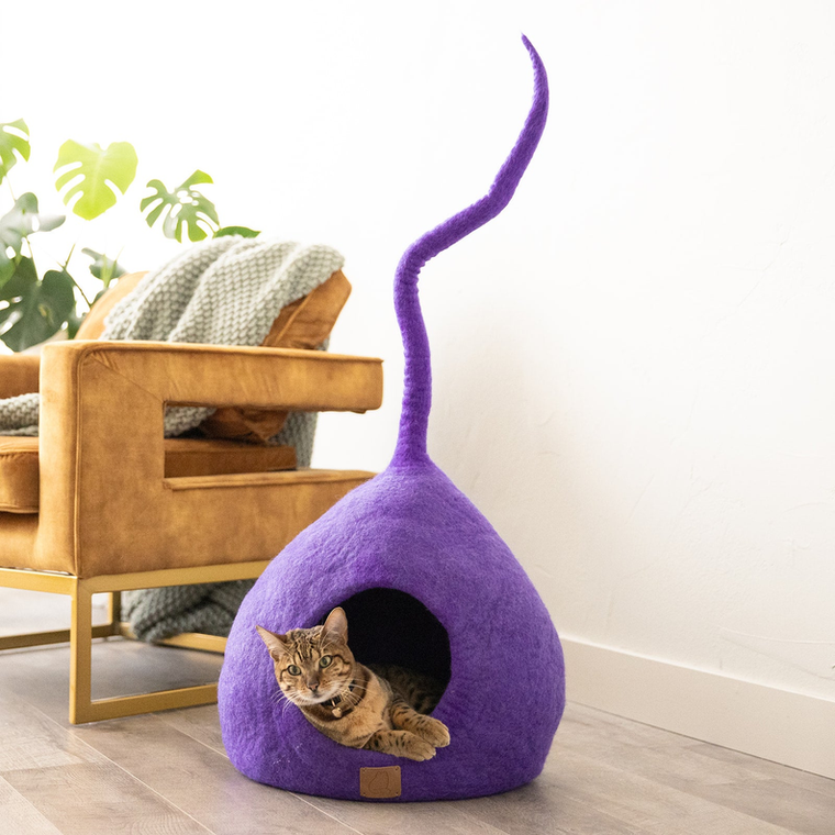 Fuzzy Cove LLC Deluxe Handcrafted Felt Cat Cave With Tail Large Plum Purple