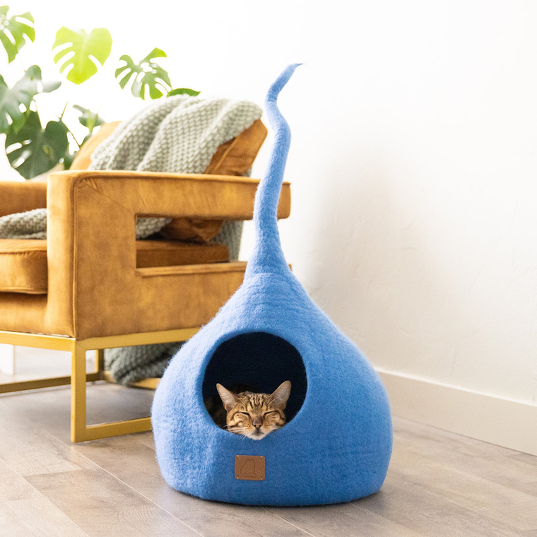 Fuzzy Cove LLC Deluxe Handcrafted Felt Cat Cave With Tail Regular Sky Blue