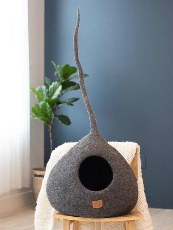 Fuzzy Cove LLC Deluxe Handcrafted Felt Cat Cave With Tail Large Stone Gray