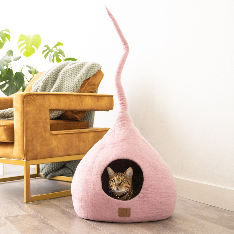 Fuzzy Cove LLC Deluxe Handcrafted Felt Cat Cave With Tail Large Valentine Pink