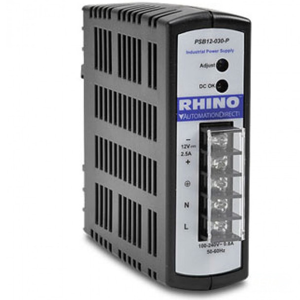 RHINO PSB12-030- P RHINO switching power supply, 12 VDC (adjustable) output, 2.5A, 30W, 120/240 VAC or 120-375 VDC nominal input, 1-phase, enclosed, plastic housing, IP20, 35mm DIN rail mount, screw terminals.