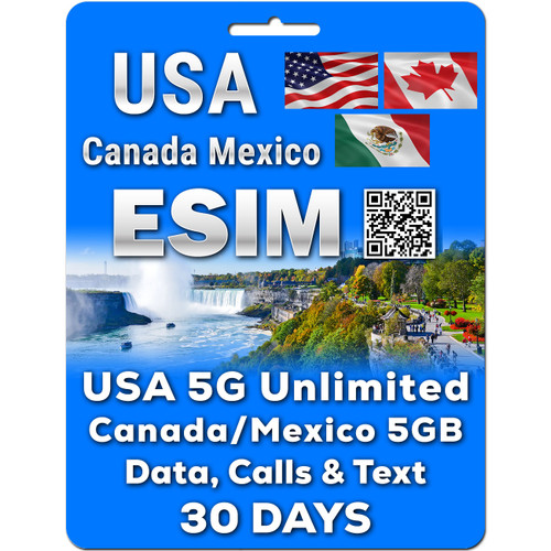 USA, Canada & Mexico eSim | 5G USA Unlimited Data, Calls & Texts | 30 Days