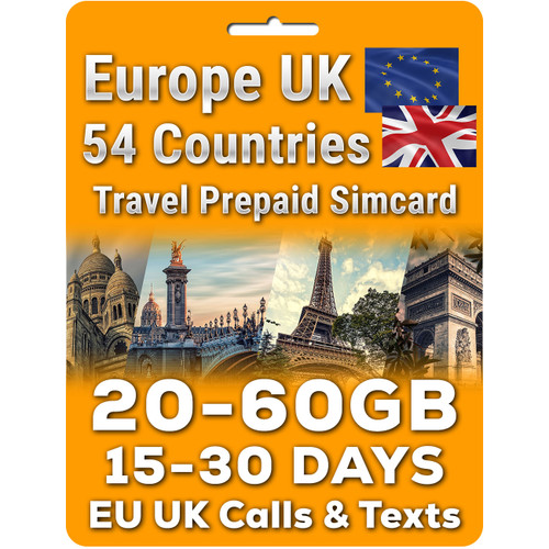 Europe UK Travel Sim card | 15-30 Days 20-60GB | EU UK Calls & Texts