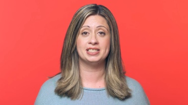 A woman against a red background, advocating for yoga over smoking before bedtime.