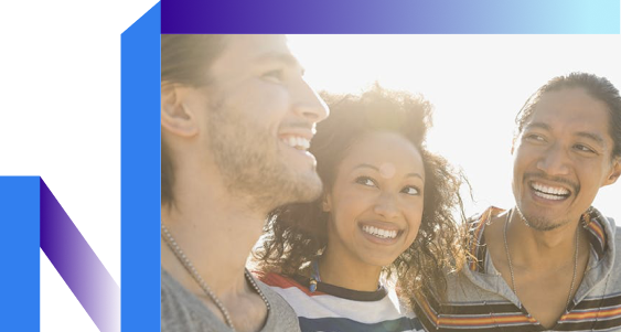 A cheerful scene of three people laughing