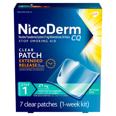 NicoDerm CQ Step 1 Clear Nicotine Patches — 21 mg 7 clear patches (1-week kit) product package